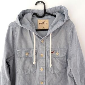 Hollister Men's Blue And White Stripes Hooded Shacket ~ Size Small